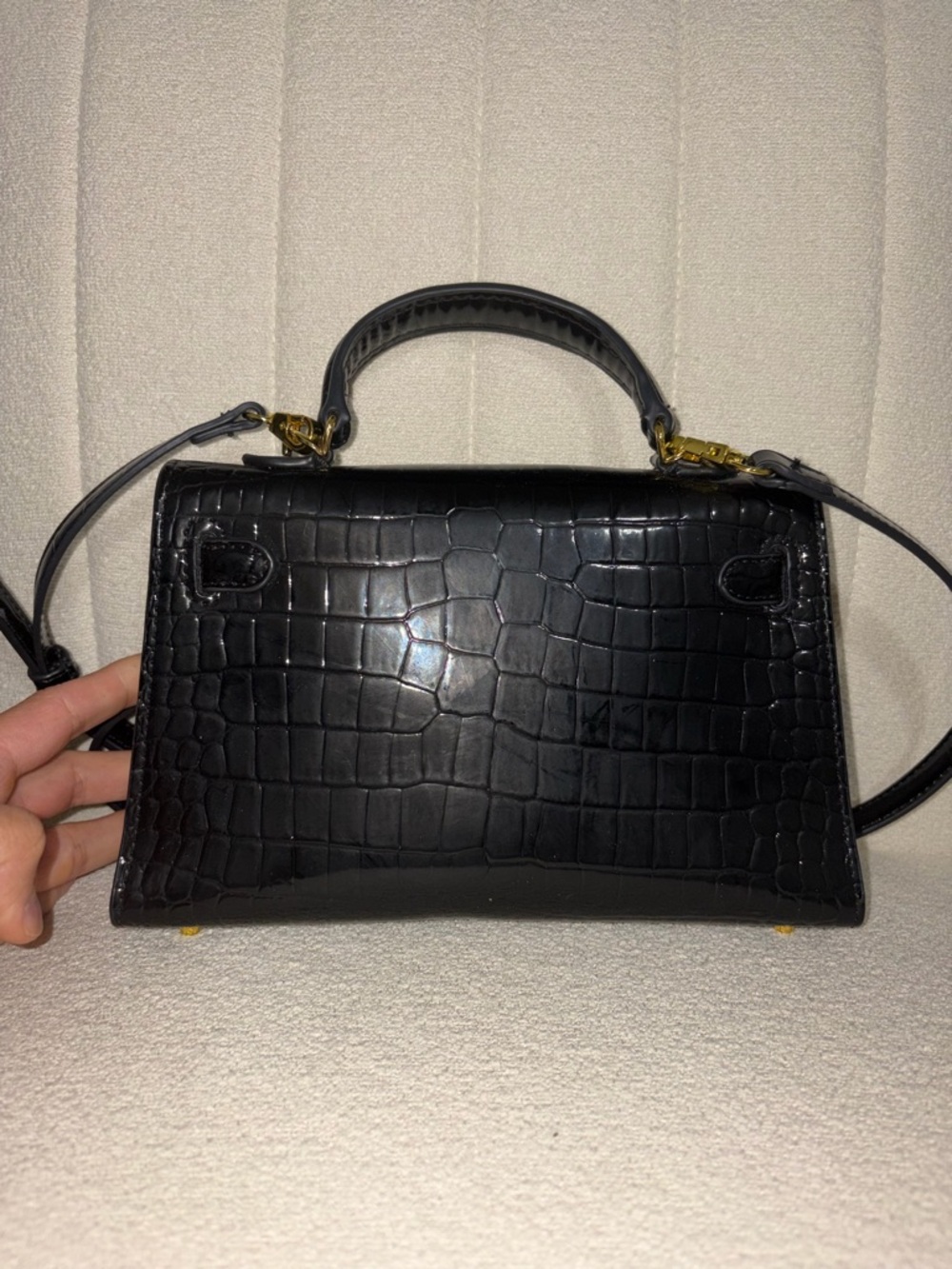 Black Croc Embossed Mini Top Handle Bag - Structured Kelly Style Gold Hardware - Picture 5 of 8